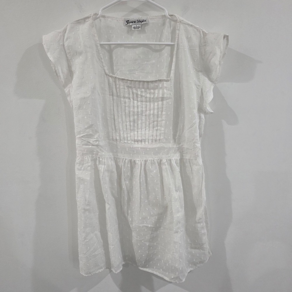 Jessica Taylor Womens Swiss Dot Top Size Large White Coastal Pleated Cowgirl - Picture 1 of 8